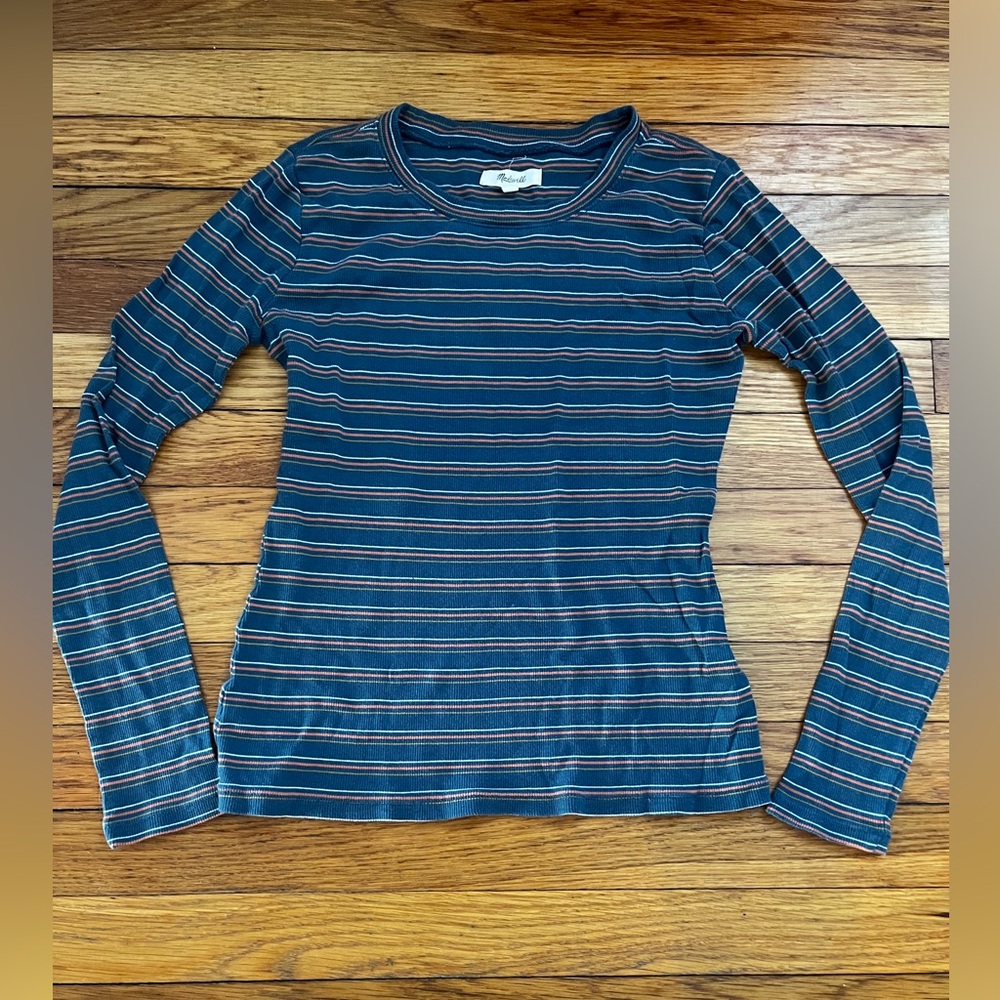 Madewell Navy and White Striped Long Sleeve Tee